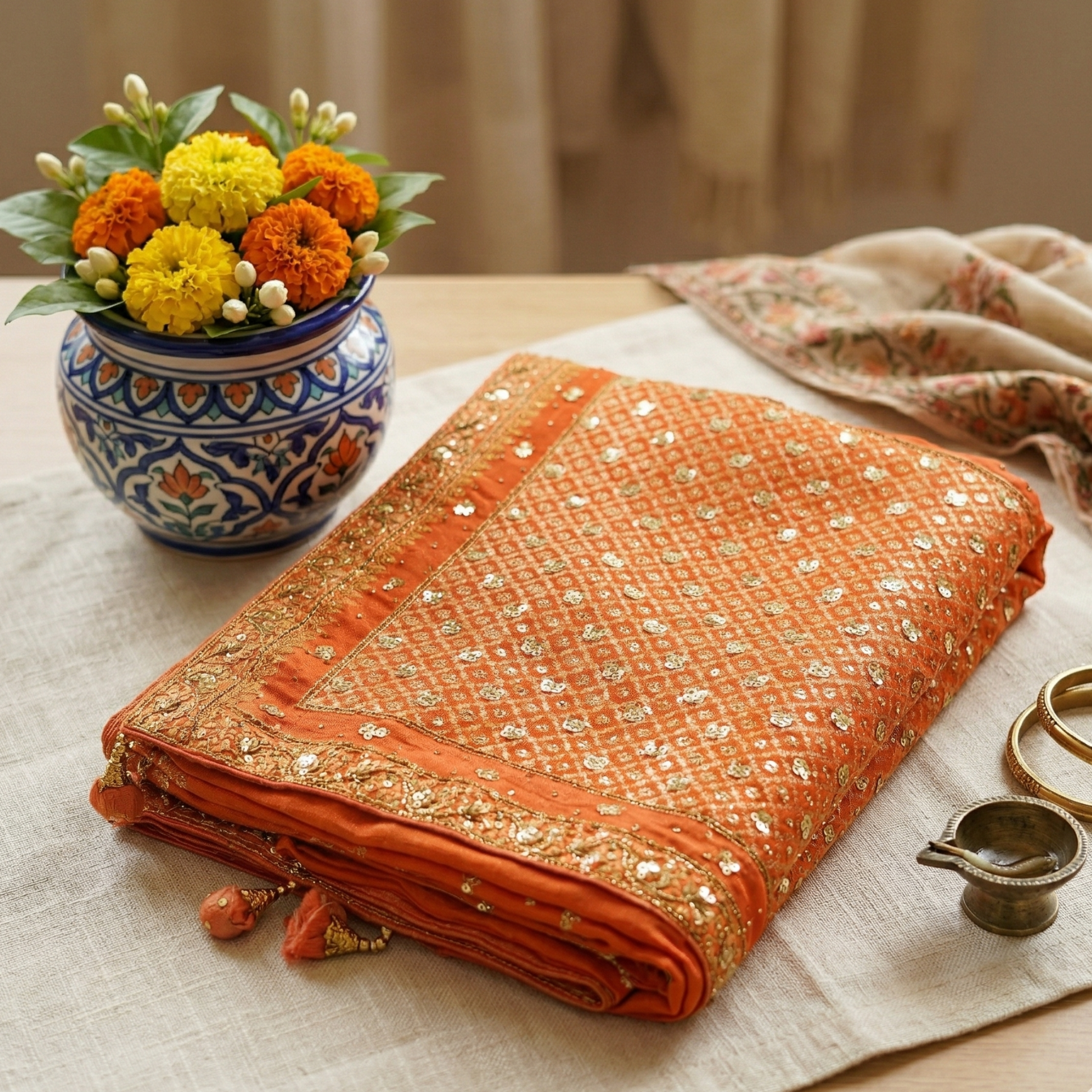 Luxury Orange Satin Silk Saree with Golden Zari Embroidery, Sequins & Swarovski Work