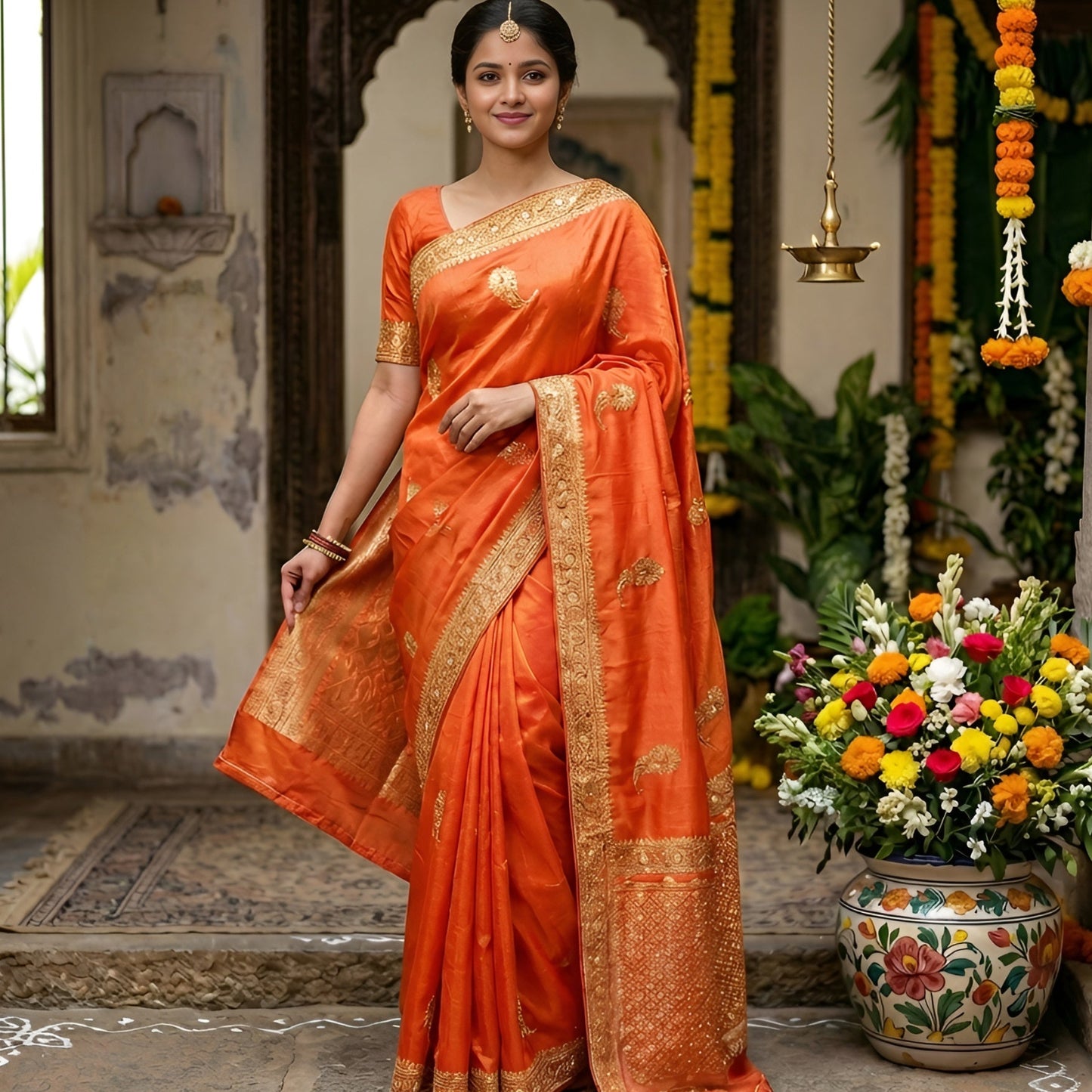 Luxury Orange Satin Silk Saree with Golden Zari Embroidery, Sequins & Swarovski Work