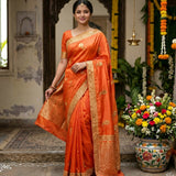 Luxury Orange Satin Silk Saree with Golden Zari Embroidery, Sequins & Swarovski Work