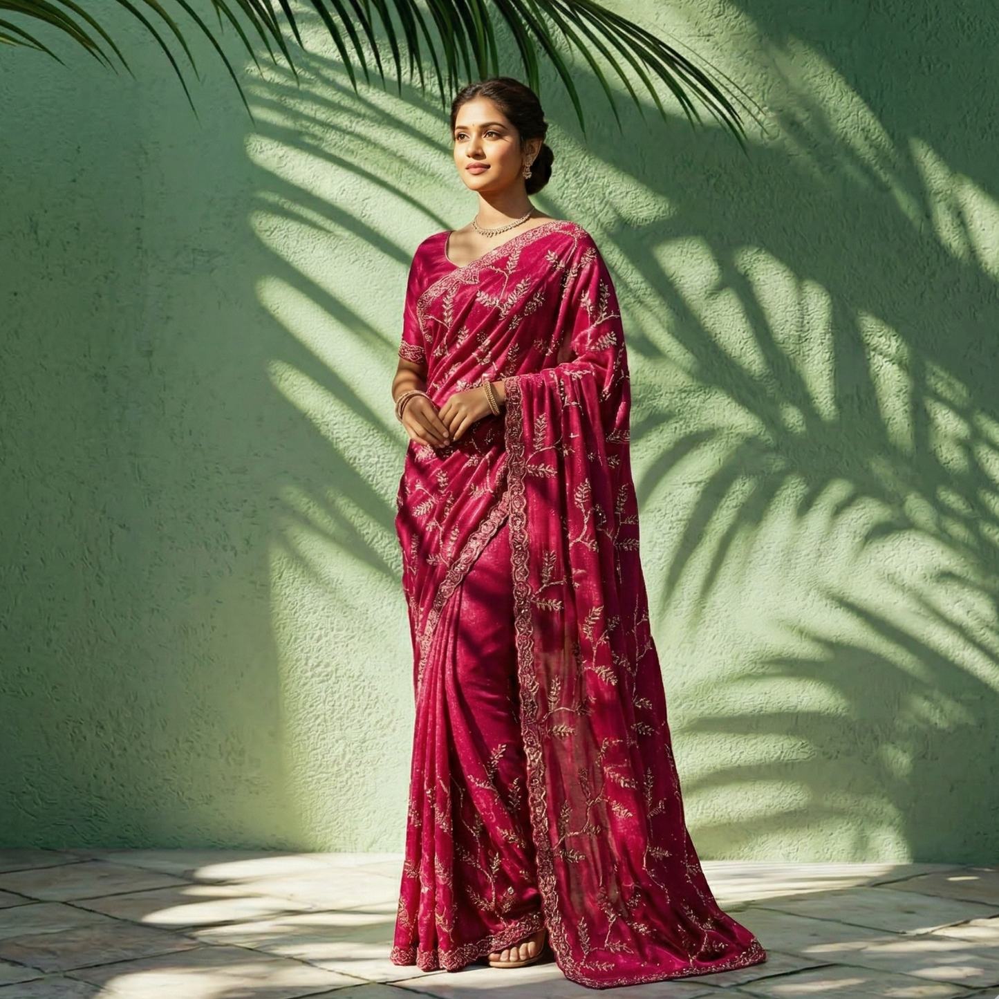Mustard yellow georgette saree with zari and stone work elegant design