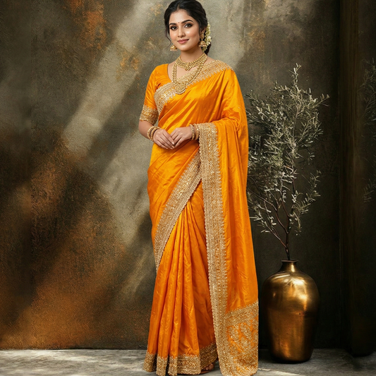 Mustard yellow simaya georgette with  zari and stone work 