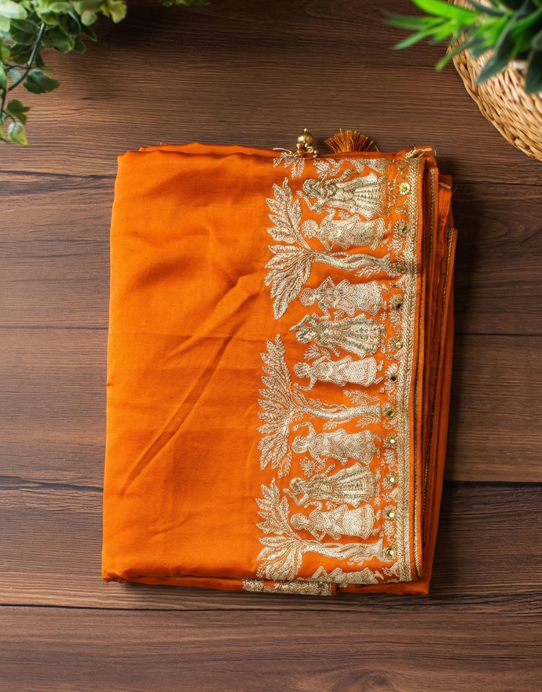 Orange Banarasi Silk Saree with Dupatta | Heavy Swarovski & Zari Work