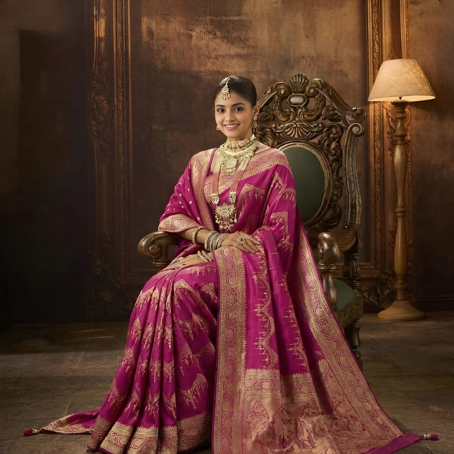 Pink Banarasi silk saree with dupatta and Swarovski zari work all over