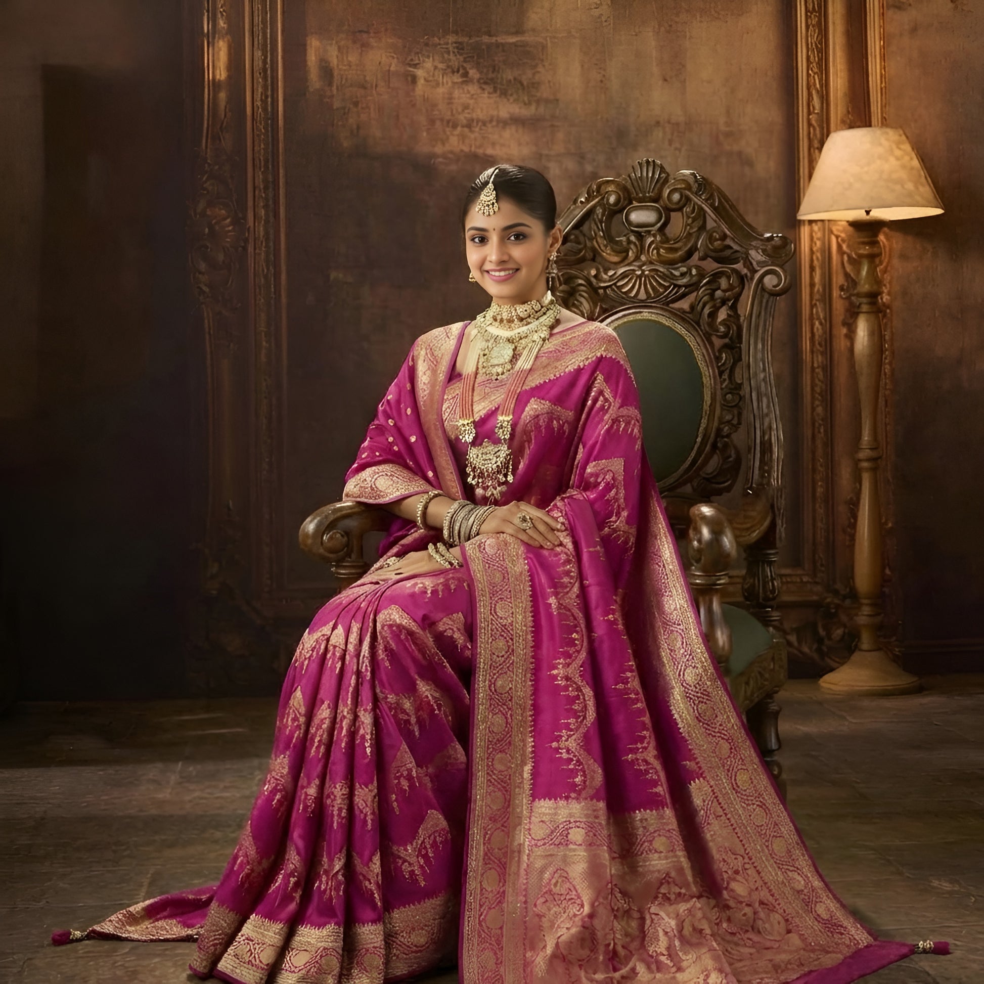 Pink Banarasi silk saree with dupatta and Swarovski zari work all over