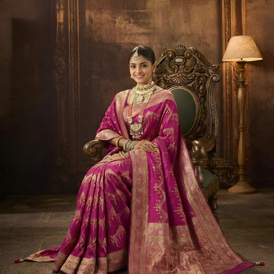 Pink Banarasi silk saree with dupatta and Swarovski zari work all over