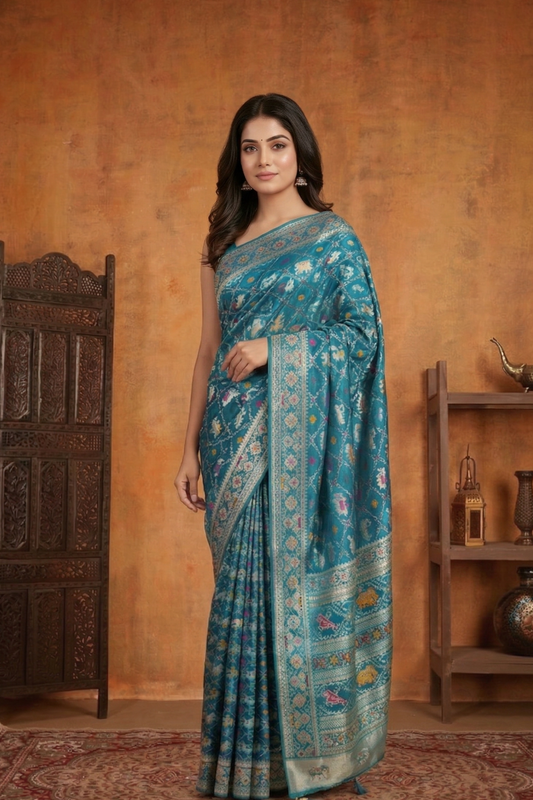 Royal Blue Ghat Chola Print Dolla Silk Saree with Swarovski & Meenakari Work