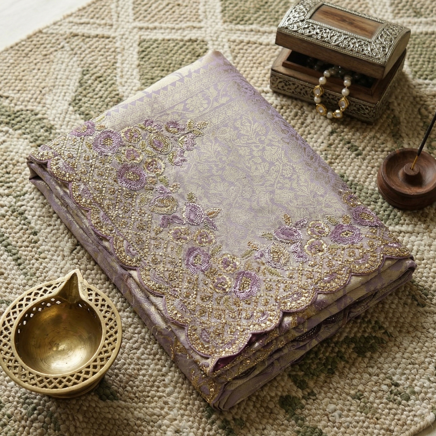 Royal Lilac Jamawar Saree with Rich Zari and Stone Work