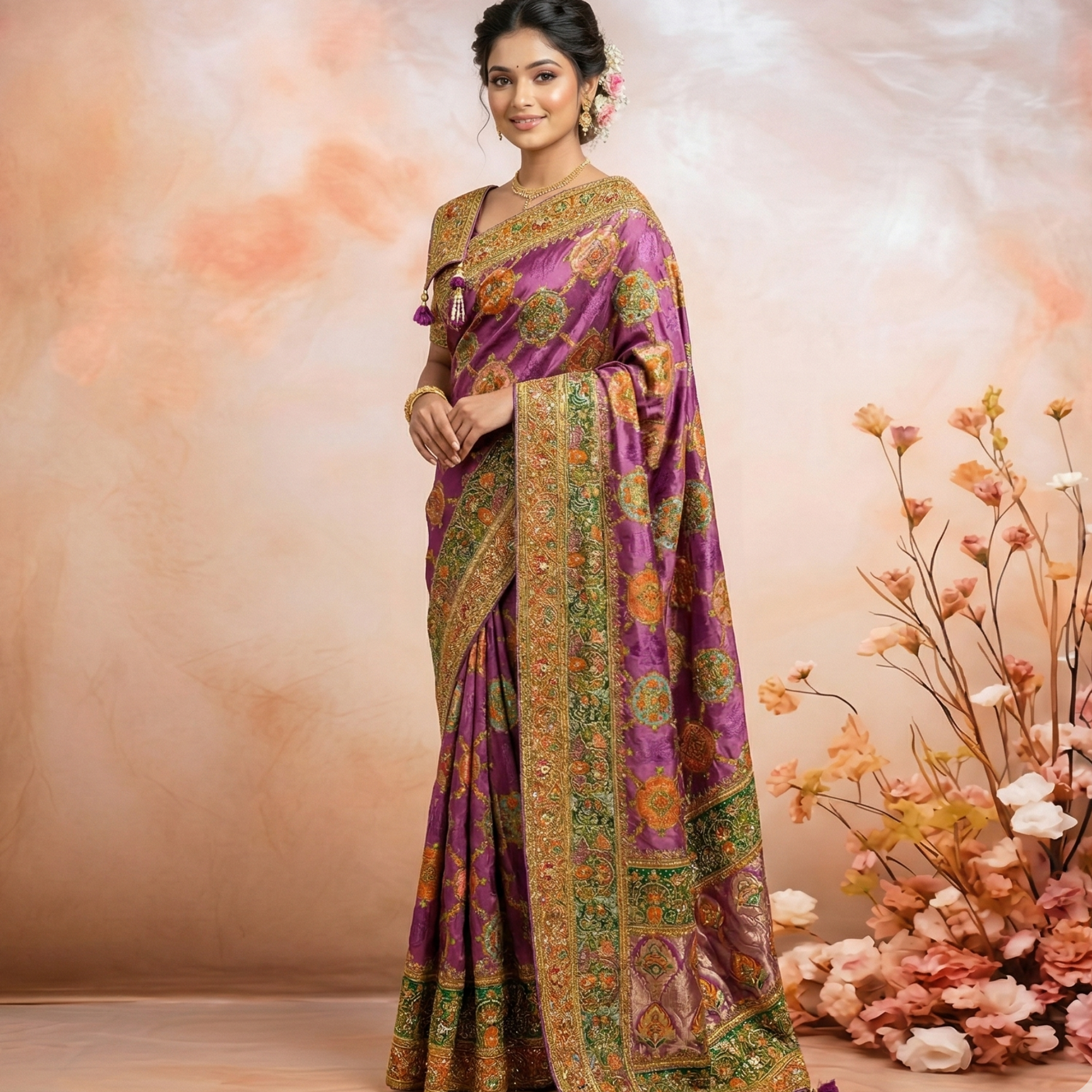Royal Purple & Rust Orange Saree with Multicolour Meenakari Work and Elephant & Floral Zari Motifs