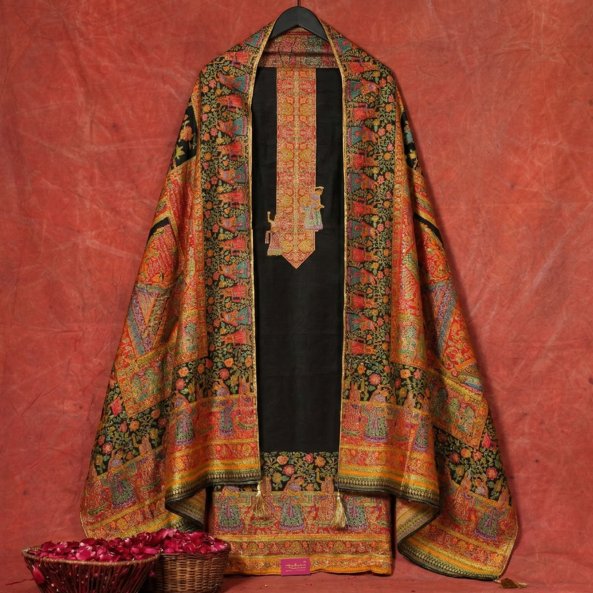 Colorful embroidered garment on a hanger against a red background
