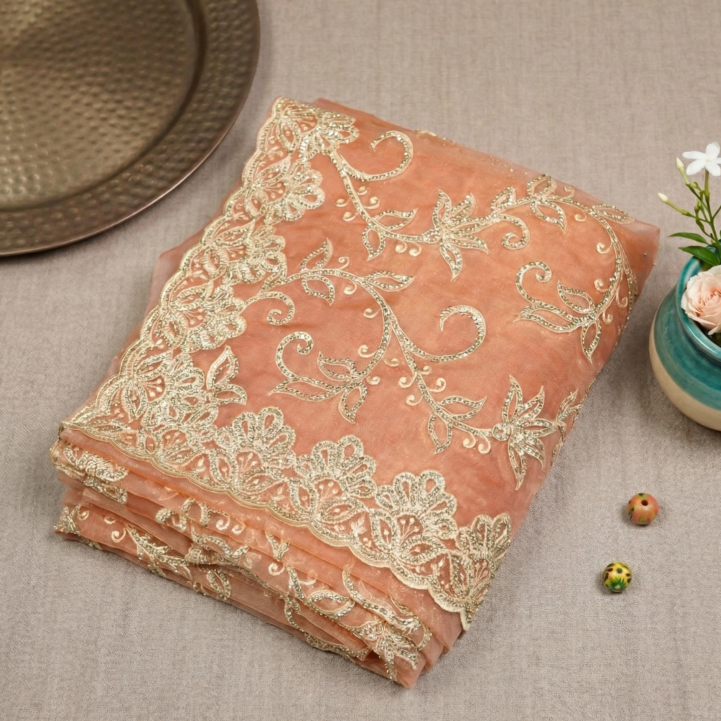 Peach Floral Net Saree