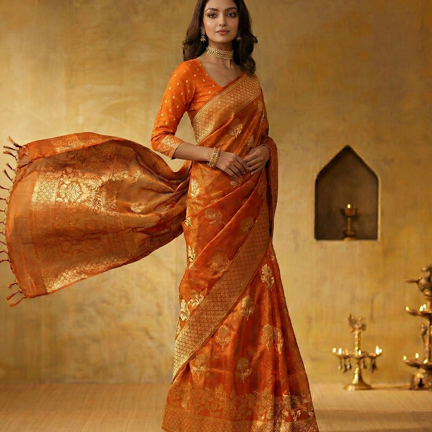 Rust Orange Zari Saree