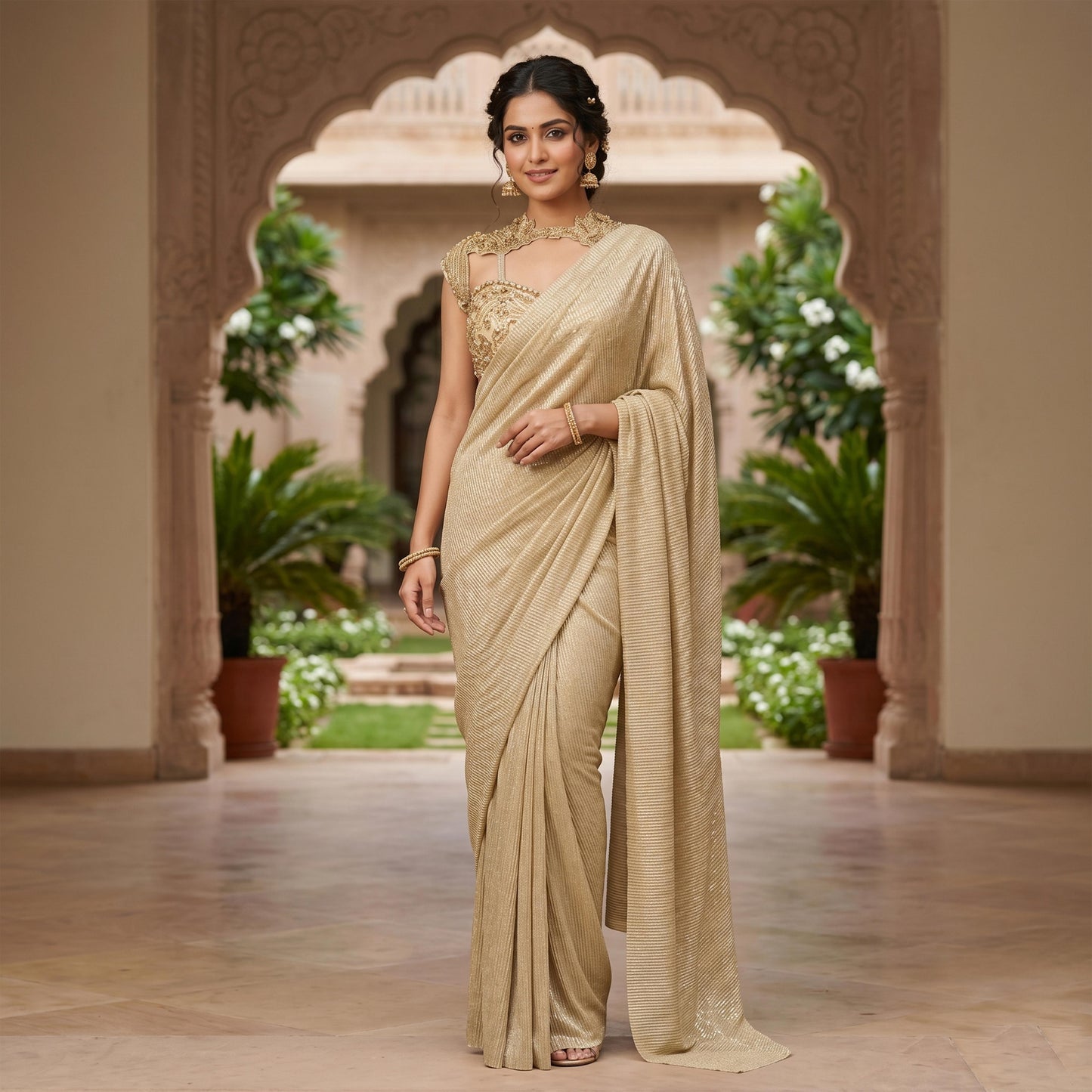 Golden Crushed Tissue Saree