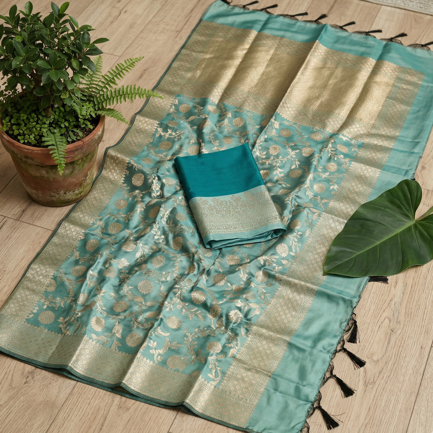 Teal Blue Banarasi Silk 3-Piece Suit Fabric