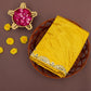 Yellow crepe saree with olive embroidery work and stitched blouse