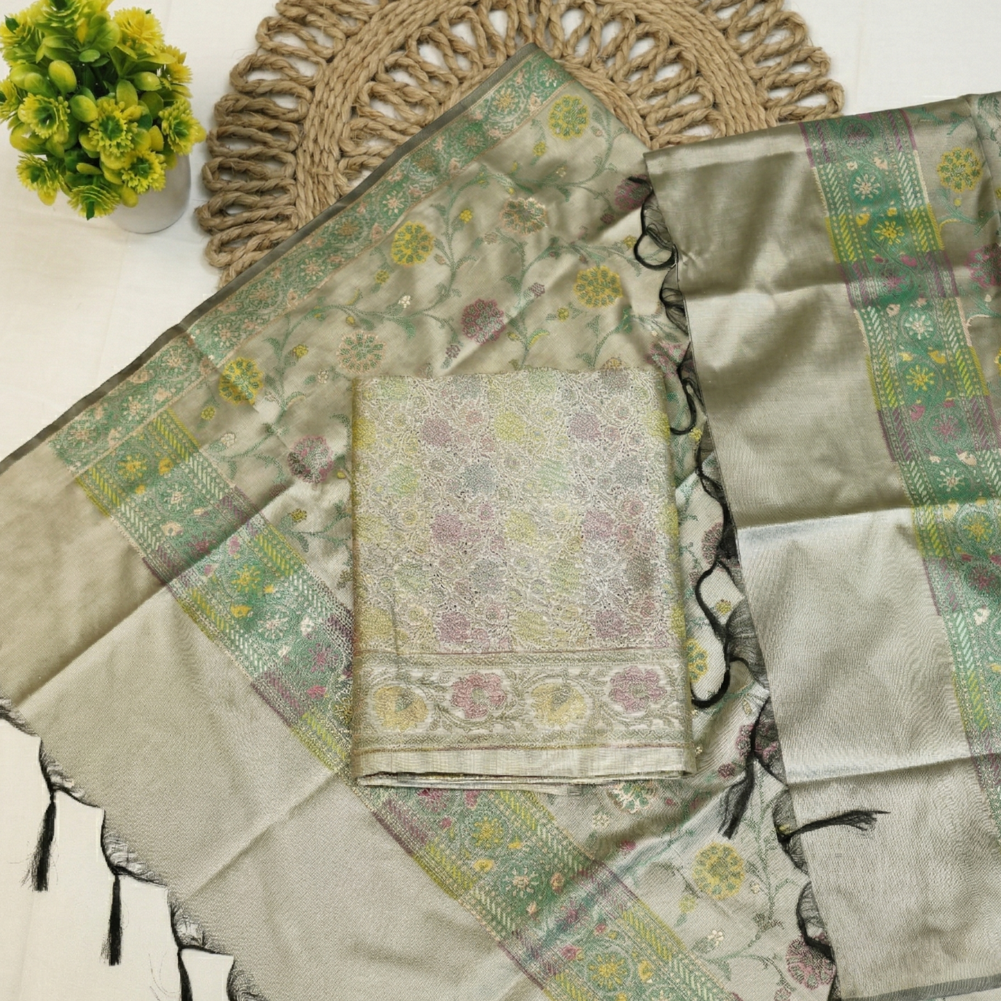 Grey Banarasi Silk 3-Piece Suit Fabric